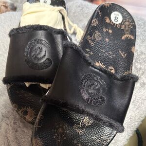 Johnny Was Calm Celestial Black Fur-Trimmed Women's Pool Slides (dust bag incl)